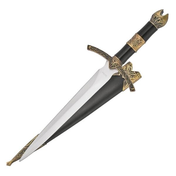 14” Medieval Dagger with Golden Handle Design and Black Scabbard
