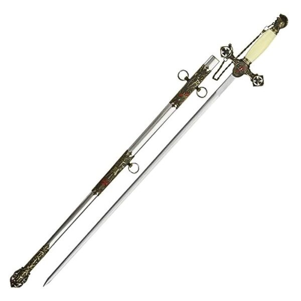 37” Masonic Knight of Templar Replica Ceremonial Long Sword with Adorned Scabbard, White